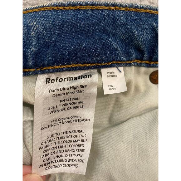 Reformation Daria Denim Maxi Skirt US 29 Blue Ultra High Rise Back Slit Boho - Picture 11 of 15